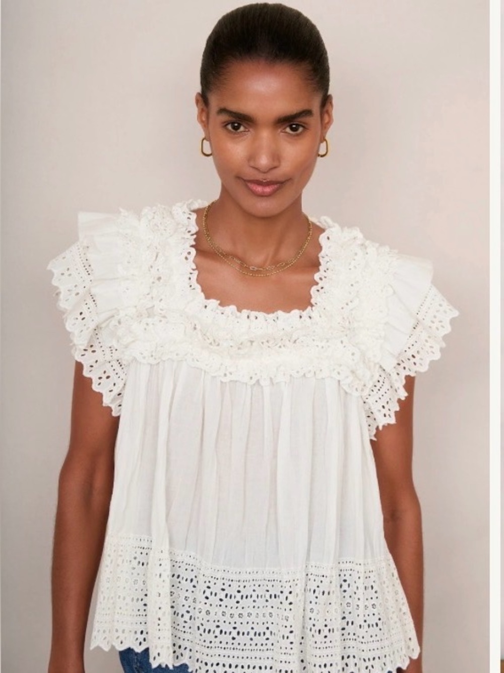Womenās Ivory Eyelet Ruffle Peasant Top